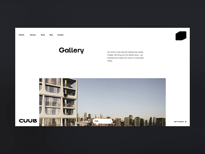 CUUB Studio Gallery Interactions 3d rendering 3d studio agency website animated web architectural visualization architecture background video branding cg studio filters full-screen image gallery. immersive web minimal ui smooth transitions studio website ui ux web web design
