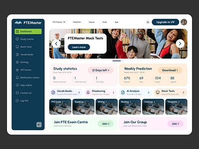 PTEMaster - Web app design for English learning dashboard e learning english learning ui