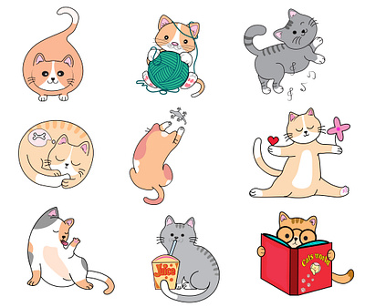 Set of cute funny kawaii cats hand drawn style cat design funny cat illustration kawaii kawaii cat typography