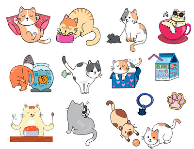 Set of cute funny kawaii cats hand drawn style cat design funny cat illustration kawaii kawaii cat logo typography