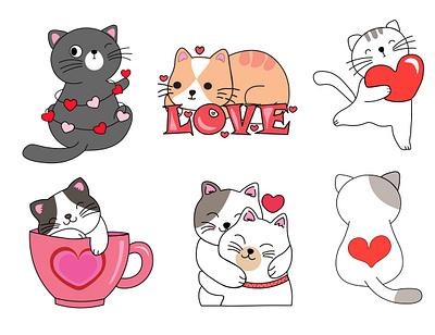 Set of romantic kawaii cats hand drawn style cat design funny cat illustration kawaii kawaii cat romantic cats typography valentine cat