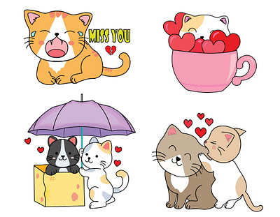 Cute Set of romantic kawaii cats hand drawn style cat design funny cat illustration kawaii kawaii cat logo ronatic animals typography