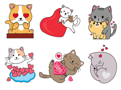Set of romantic kawaii cats hand drawn style cat design funny cat illustration kawaii kawaii cat logo typography