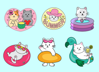 Set cute kawaii cats hand drawn style with happy summer theme beach cat design funny cat illustration kawaii kawaii cat summer cats typography
