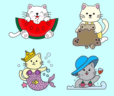 Set cute kawaii cats hand drawn style with happy summer theme beach time cat design funny cat illustration kawaii kawaii cat summer cat typography
