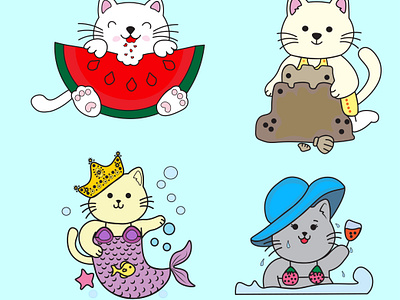 Set cute kawaii cats hand drawn style with happy summer theme beach time cat design funny cat illustration kawaii kawaii cat summer cat typography