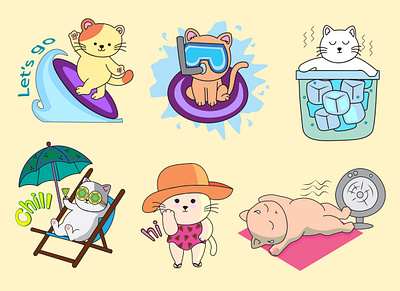 Set cute kawaii cats hand drawn style with happy summer theme cat design funny cat illustration kawaii kawaii cat typography