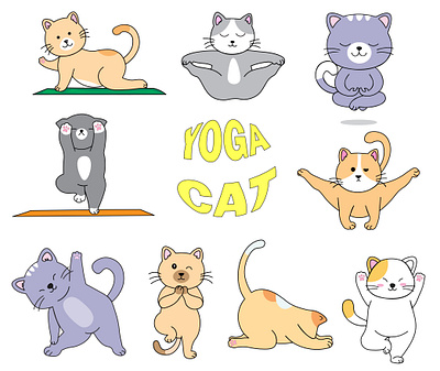 Funny kawaii cats doing yoga hand drawn style cat cat doing yoga design funny cat illustration kawaii kawaii cat meditation typography yoga cat
