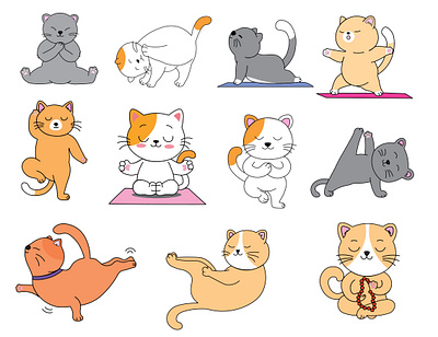 Funny kawaii cats doing yoga hand drawn style cat cat doing yoga design funny cat illustration kawaii kawaii cat logo meditating cat typography yoga cat