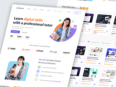 Online Course Landing Page - Gestoria course app ui ux course card course website ui ux digital skill app edutech ui ux edutech website ui hero page ui ux learning app learning website ui mentor website modern online course ui online course app online course landing page online course ui ux study ui ux ui ux visual design website design website ui
