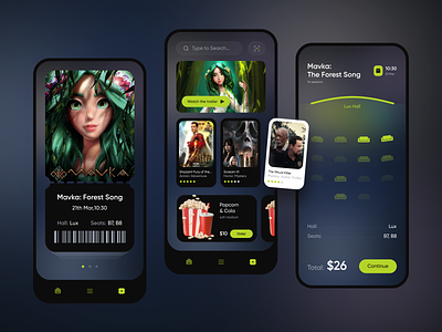 Cinema Mobile App Design app booking cartoon cinema design film mobile movie poster ticket ui ux