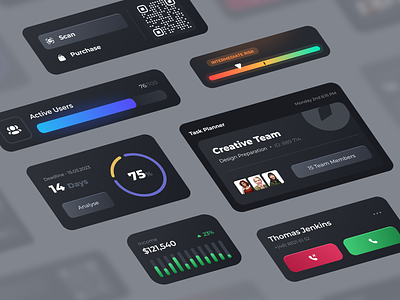 User Interface Widgets & Components - No-Code App Builder button call components currency dark design design system gradient grain gray interface itcraft lights metrics minimal scale system theme tone ui