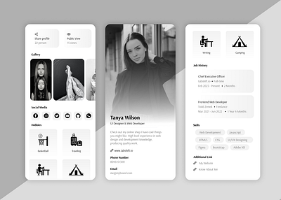 Portfolio Profile app design black and white design figma mobile design portfolio profile typography ui ux web design website xd