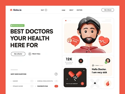 Online Doctor Web Hero 3d app clinic design doctor health healthcare hospital human interface medical medicine online patient product red service ui ux web