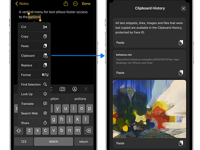 iOS Concept: Clipboard History + vertical context menu for text apple design clipboard clipboard history context menu ios 17 ios concept ui concept ui design