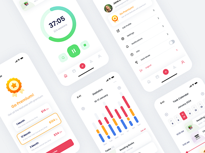 Pomy - Pomodoro & Time Management App UI Kit design home minimal mobile app premium settings statistics task time ui