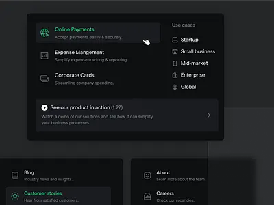 Fintech Navigation Exploration black concept design exploration fintech hero section landing page menu navbar navigation saas typography ui visual design