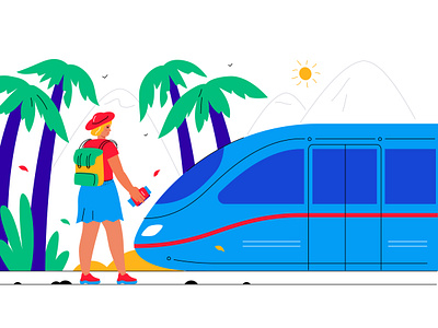 Going on Vacation Illustration character design flat design girl illustration palm style tourist train travel vacation vector woman