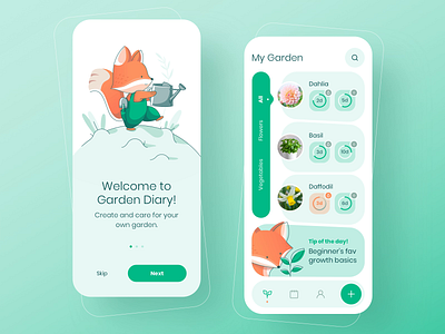 Garden App animation app care diary flowers fox garden garden app gardener green illustration interaction line art mobile app planner plants ui ui ux user interface