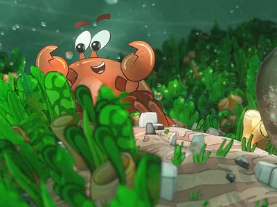grab the crab 2.5d 2d 3d animation behind the scene c4d cartoon character character design crab design graphic design illustration loop motion graphics octane process procreate underwater water