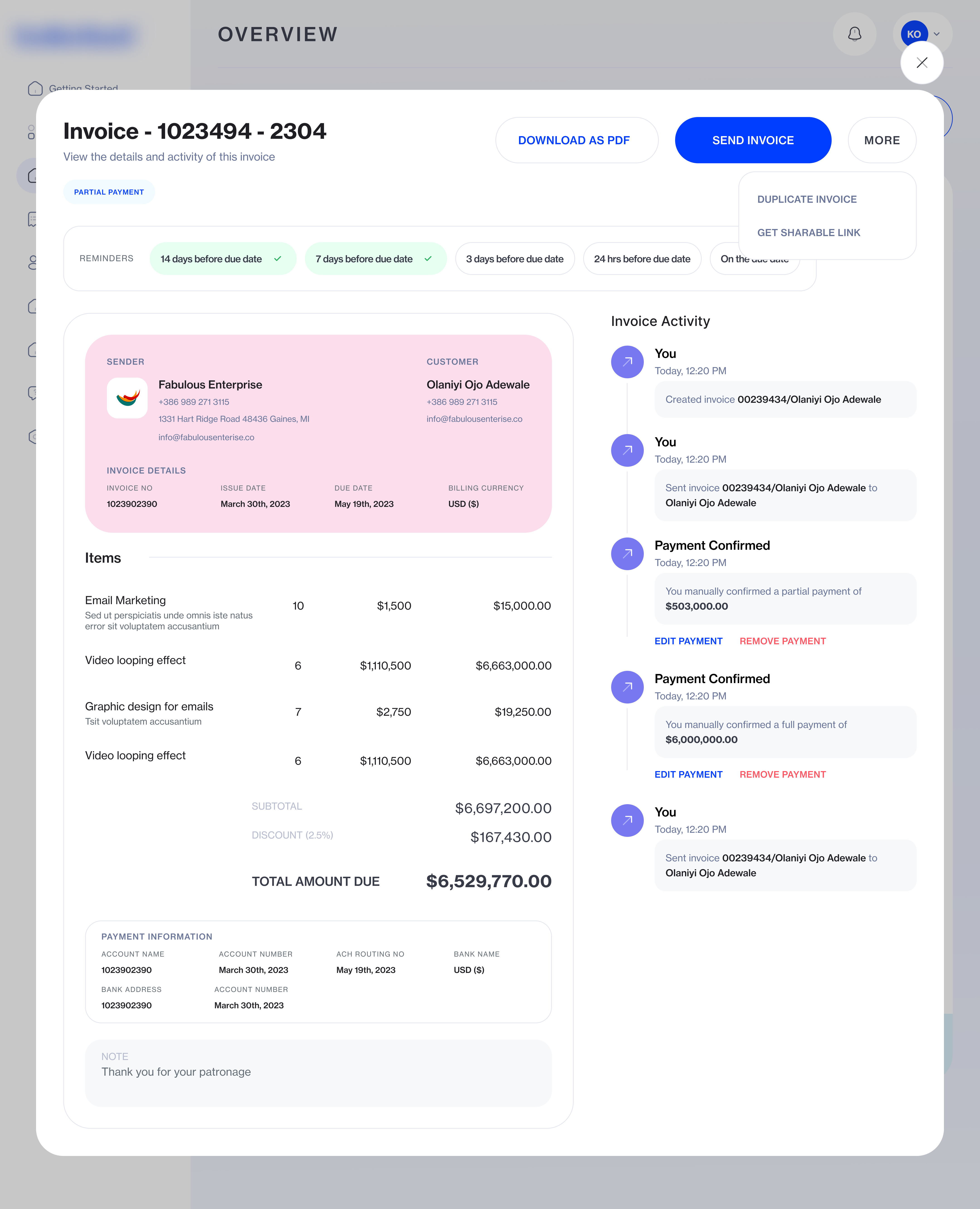 Invoice details account activities business button card collections gradient invoice items modal pink reminder ui user interface