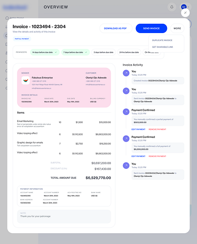 Invoice details account activities business button card collections gradient invoice items modal pink reminder ui user interface