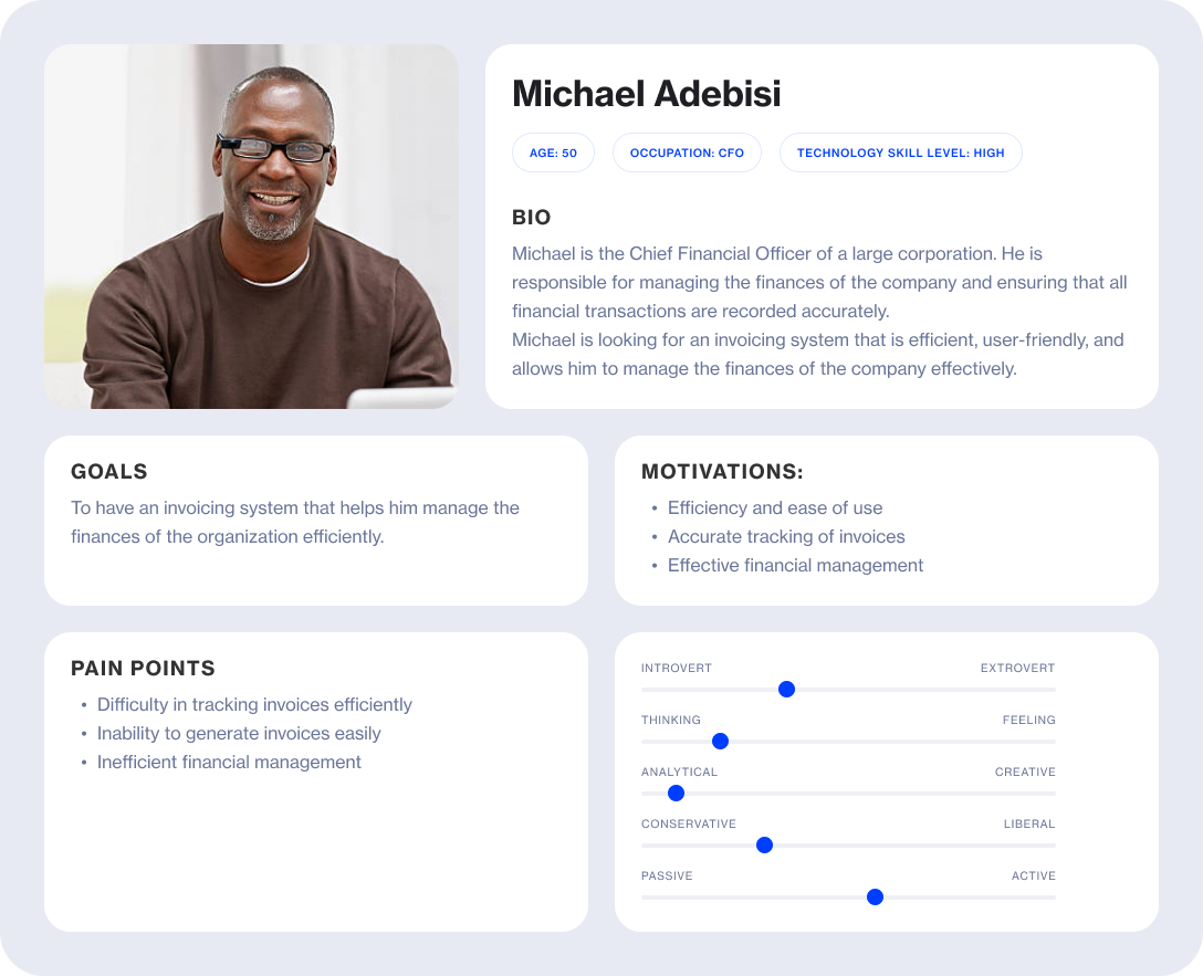 User Persona bio card cards goals gradient persona research slider user interface user research