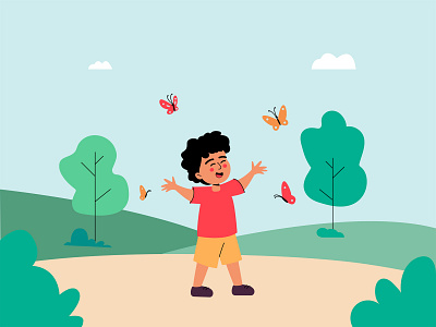 Kid Chasing Butterflies Illustration butterfly character design cute kid free download free illustration free kid illustration free vector freebie illustration kid kid playing nature spring tree vector art vector illustration