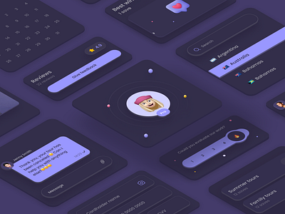 UI Components Design for mobile app of search for author's tours app app design booking chat components dark theme design digital ios app isometry journey mobile app nature tour tourism travel ui ui components ux vacation