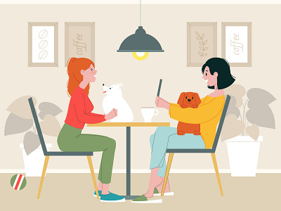 Pet friendly cafe scene 2d animal cafe character coffee cute dog flat friendly friendship girl illustration pet puppy scene vector