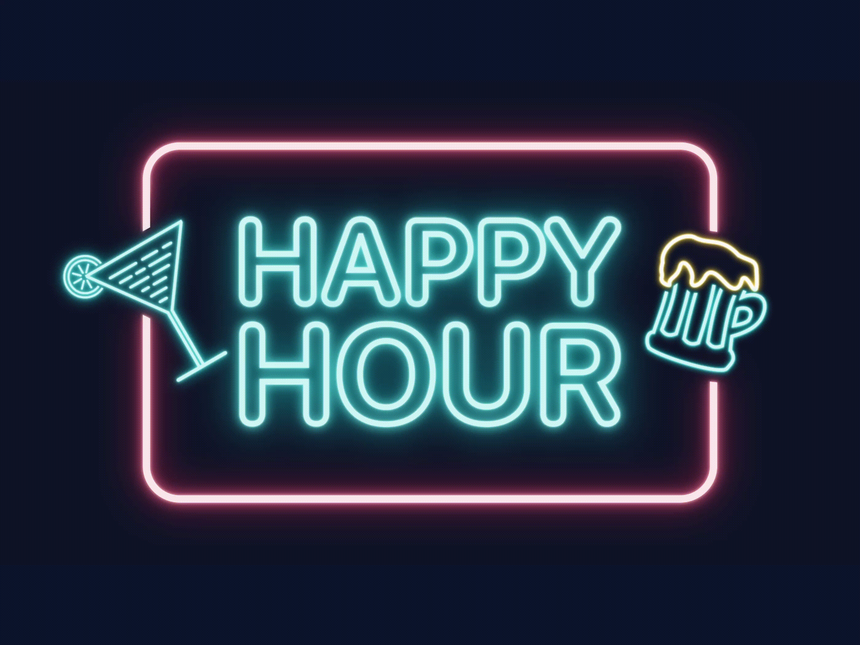 Happy Hour Neon Sign app design banner bar beer celebration cocktails colorful digital banner drink festive fun game night gathering house party neon sign night party socializing tv art wine