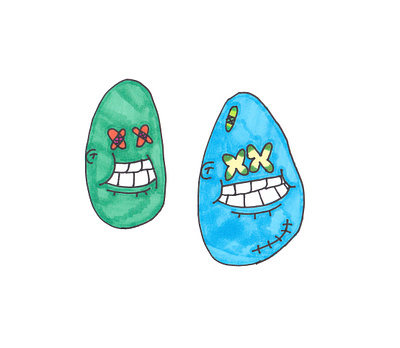 Crossed band aid cartoon character cheeks colorful drawing egg hand drawn illustration markers smile stitches teeth x eyes xx