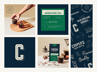 Cooper's Cask Coffee - Branding art direction barrel aged brand pattern branding cask coffee coffee design coffee label coffee packaging gourmet coffee logo logo design new england packaging pattern product photography rebrand typography whiskey