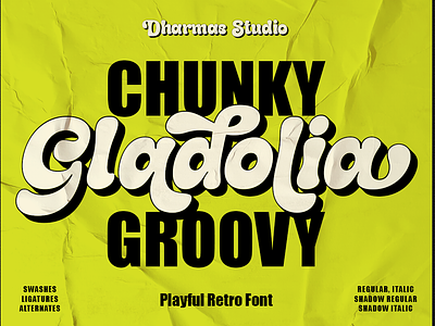 Gladolia - Chunky Groovy Font 80s font 90s font branding chunky decorative display extrude fancy font groovy hippie layer logo magazine playful pop art retro script shadow vintage