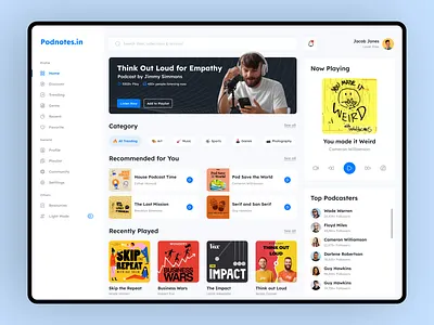 Podnotes.in Web Dashboard UI/UX Design - Light Mode app ui dashboard dashboard ui dashboard ui design design figma gausul haque nasif modern dashboard podcast app ui podcast dashboard podcast mobile podcast web ui ui design ui designer uiux ux design web app web dashboard