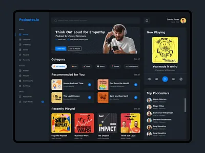 Podnotes.in Web Dashboard UI/UX Design - Dark Mode admin panel app dashboard app ui dashboard dashboard app dashboard design dashboard ui figma gausul haque nasif modern modern dashboard podcast podcast dashboard ui ui design ui designer uiux web app web application web dashboard