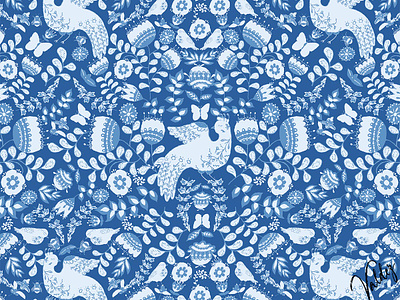 Bird in the Bush, Square Repeat, Blues Colorway blue palette butterflies cobalt blue flowers folk art blue simple palette textile design wall paper design