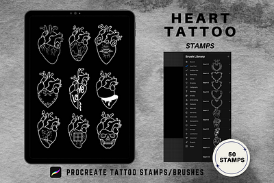 50 Procreate Heart Tattoo Stamps heart heart design heart pattern heart stamps heart tattoo pro create procreate brush set procreate brushes set