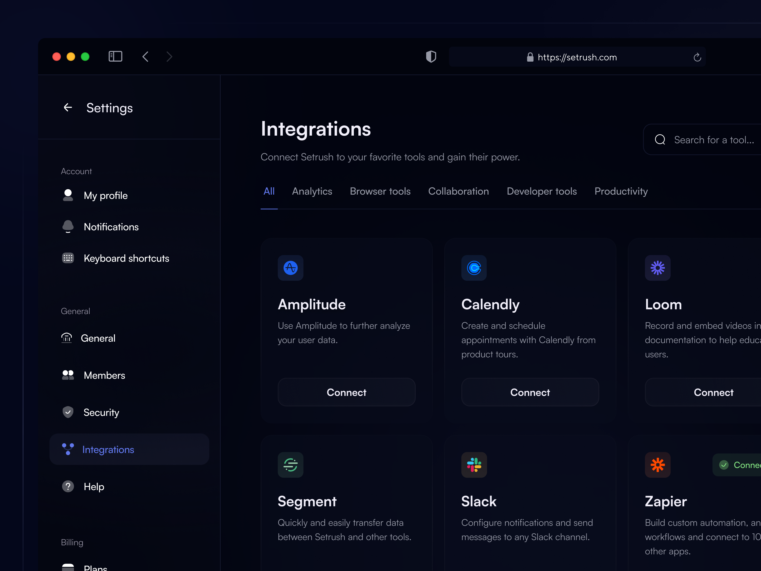 Settings - integrations app b2b saas cards clean connections design desktop integrations interface minimalist preferences product design saas saas app saas web settings ui uiux ux web app