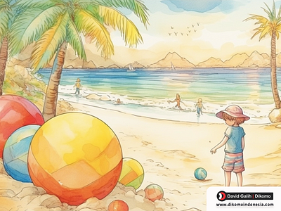 Summer Beach Play - Children's Book Illustration - Dikomo.id blue