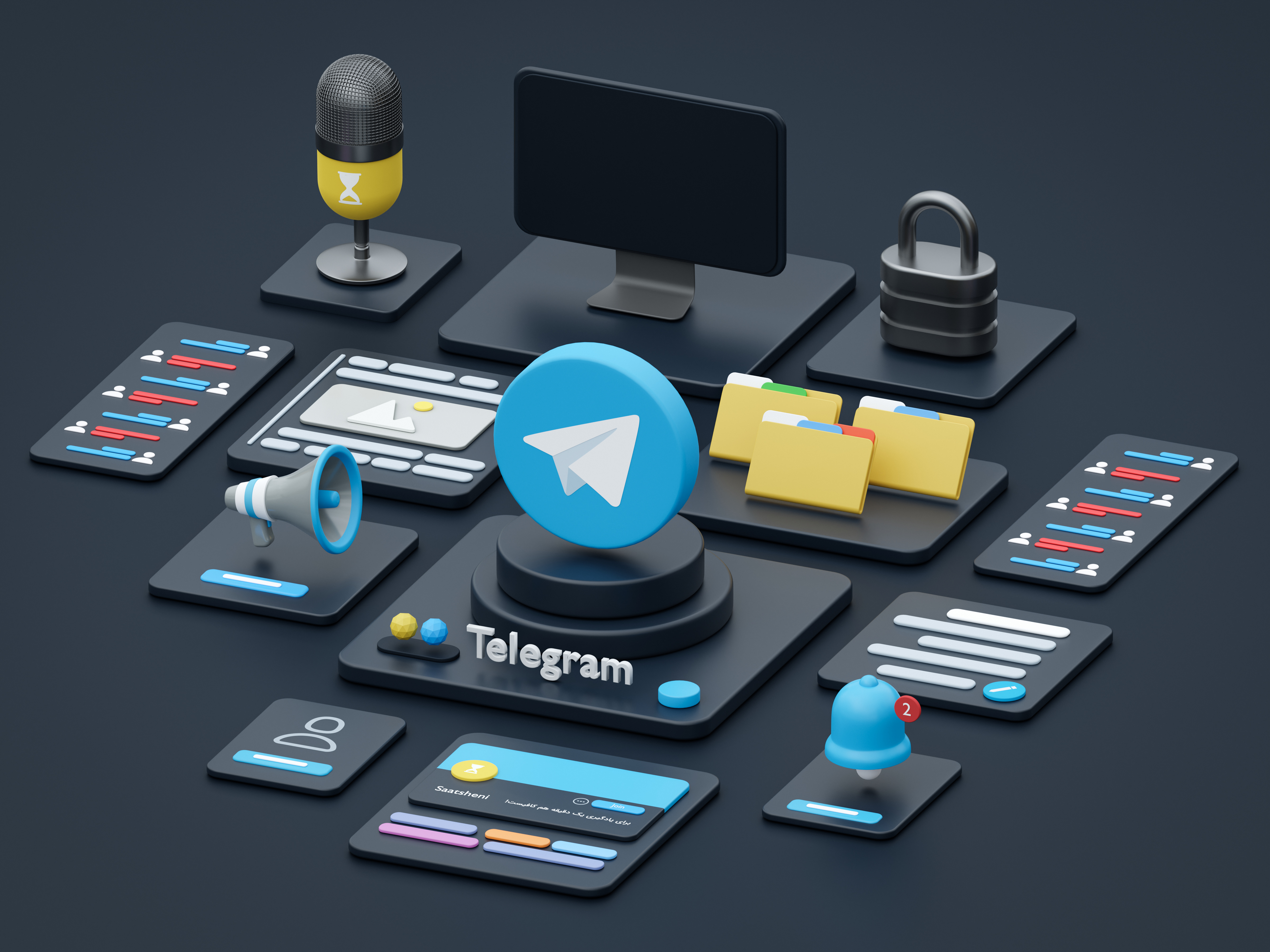 Telegram 3d 3dillustration adobe blender broad cast channel cinema4d cycles design illustration isometric live lock logo lowpoly messenger microphone social media telegram ui