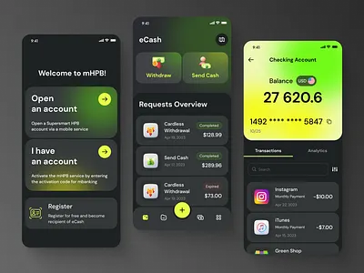 mHPB - mobile banking app app balance bank banking dark design finance fintech green mobile mobile app theme transactions ui ux