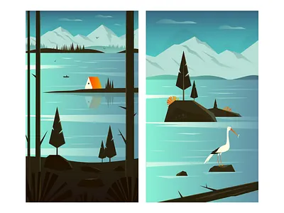 Lake bird crane flat forest house illustration illustrator lake landscape minimalistic mountains nature simple vector