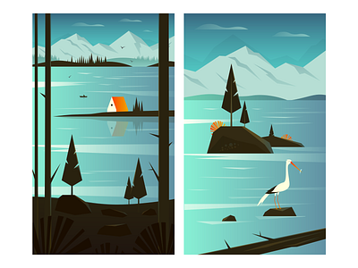 Lake bird crane flat forest house illustration illustrator lake landscape minimalistic mountains nature simple vector