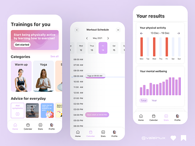 Fitness app app app design calendar charts graphs home screen infographics main screen pink stories ui ux uxui violet