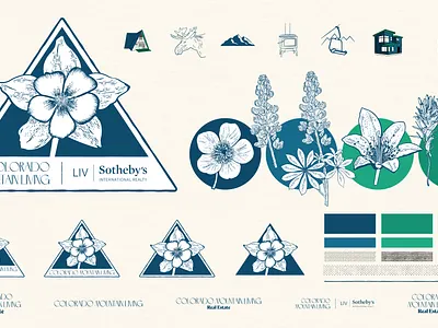 Colorado Mountain Living Real Estate brand page badge brand design branding color palette colorado colorado columbine design etching etching illustration flower illustration graphic design illustration illustrator logo real estate rocky mountains texture vector visual identity wild flowers