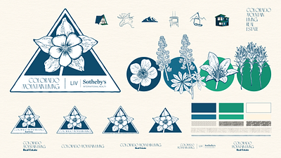 Colorado Mountain Living Real Estate brand page badge brand design branding color palette colorado colorado columbine design etching etching illustration flower illustration graphic design illustration illustrator logo real estate rocky mountains texture vector visual identity wild flowers