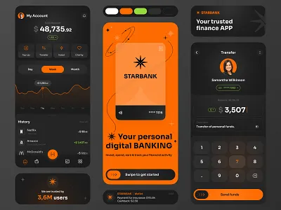 STARBANK | Finance Mobile App app bank bank card banking dark mode dark ui finance financial fintech mobile mobile app mobile banking mobile design money transfer orange ui payments transaction ui wallet