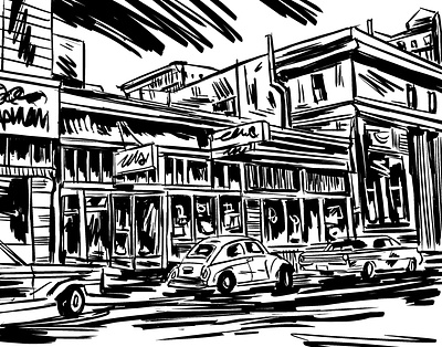 Abandoned City abandoned black and white city digital ink drawing sketch slug bug