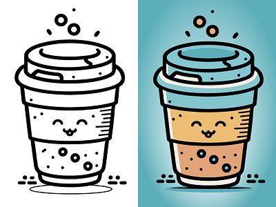 Coffee Cup Logo, Cute Coffee Cup Cartoon line art colorful Vector